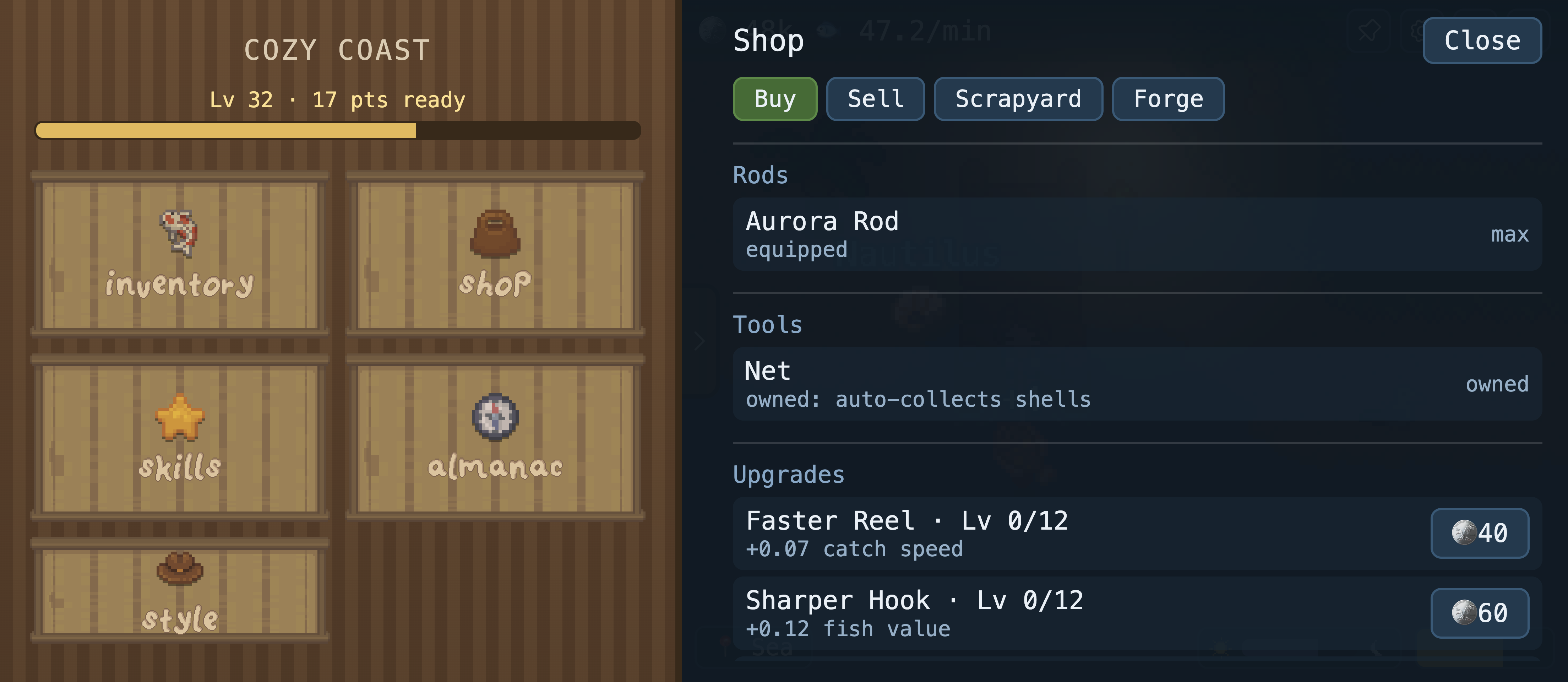 The shop, buying rods and upgrades